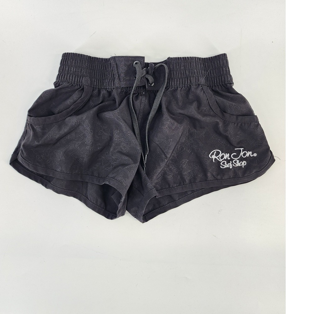 Ron Jon Surf Shop Black Hibiscus Floral Athletic Shorts XS Drawstring Waist